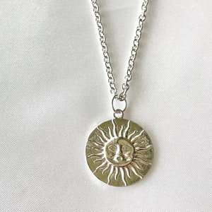 silver sun coin necklace, stainless steel chain / sterling silver plated charm, sun face pendant, silver layering necklace, sun jewelry