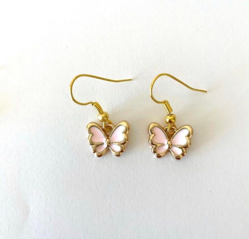 Light pink butterfly earrings gold plated | pastel baby pink butterfly y2k earrings soft girl indie dainty pink & gold jewelry, fundraiser image 3