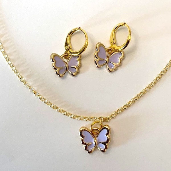 y2k butterfly jewelry set, gold / light purple / white, matching necklace & earrings, trendy pastel indie jewelry set | Jewelry by Marina