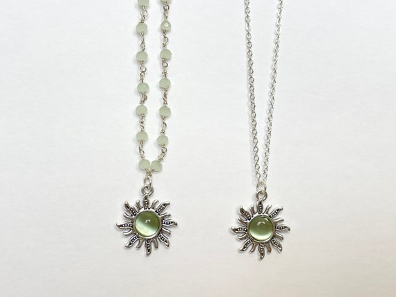 Silver & Green Sun Necklace, Green Rosary Chain, Indie Sun