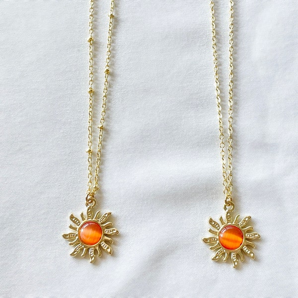 gold & red sun necklace, indie vintage retro gold necklace, sun pendant, red orange crystal necklace, trendy y2k jewelry, 18k gold plated