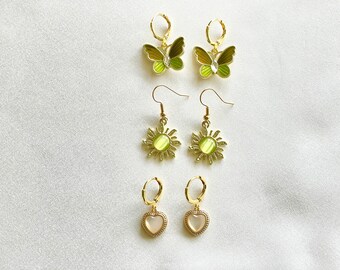 gold indie earrings, 18k gold plated, green sun, green butterfly, gold mother of pearl heart, aesthetic indie jewelry, gold y2k earrings