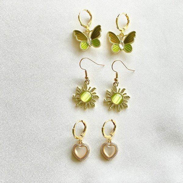 gold indie earrings, 18k gold plated, green sun, green butterfly, gold mother of pearl heart, aesthetic indie jewelry, gold y2k earrings