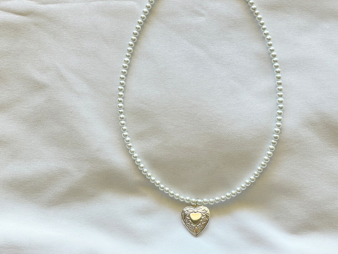 Silver Heart Locket Pearl Necklace Y2k Pearl Necklace Faux - Etsy