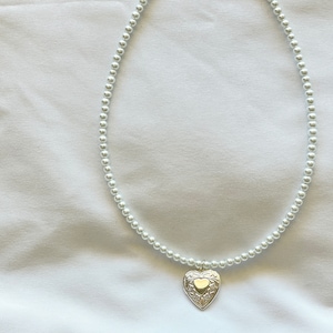 silver heart locket pearl necklace, y2k pearl necklace, faux pearl, sterling silver plated, heart locket choker, y2k jewelry, gift for her