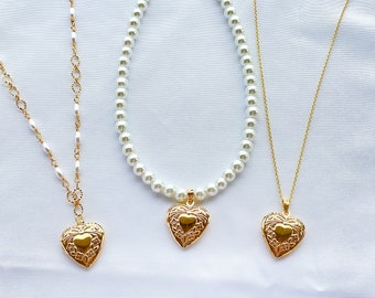 gold heart locket necklaces | 18k gold plated + tarnish resistant locket necklace, pearl locket necklace, locket necklace set, y2k necklace