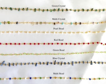 Bracelet chaîne en or personnalisé à superposer | Plaqué or 18 carats, résistant à la ternissure | Chapelet rouge, bleu, vert, perle, cristal
