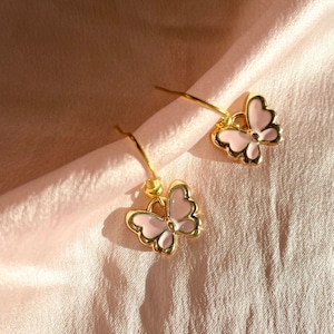 Light pink butterfly earrings gold plated | pastel baby pink butterfly y2k earrings soft girl indie dainty pink & gold jewelry, fundraiser image 1