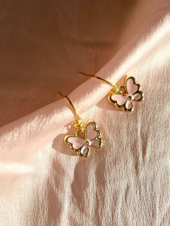 Light pink butterfly earrings gold plated | pastel baby pink butterfly y2k earrings soft girl indie dainty pink & gold jewelry, fundraiser
