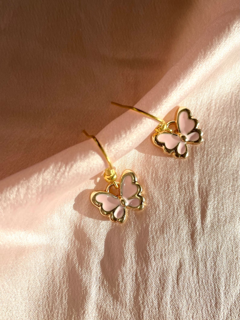 Light pink butterfly earrings gold plated | pastel baby pink butterfly y2k earrings soft girl indie dainty pink & gold jewelry, fundraiser image 1