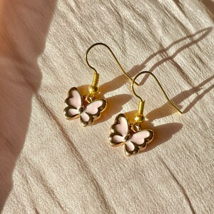 Light pink butterfly earrings gold plated | pastel baby pink butterfly y2k earrings soft girl indie dainty pink & gold jewelry, fundraiser image 2