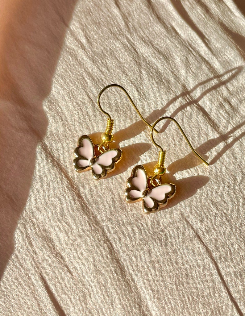 Light pink butterfly earrings gold plated | pastel baby pink butterfly y2k earrings soft girl indie dainty pink & gold jewelry, fundraiser image 2