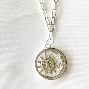 silver sun and moon necklace, sun necklace, round moon celestial necklace, sun moon face pendant, silver link chain, sterling silver plated