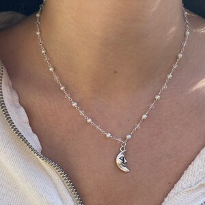 Silver crescent moon necklace, pearl rosary chain necklace, sterling silver plated, aesthetic silver indie y2k necklace, chain with pearls