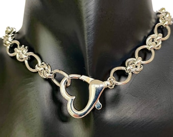 collier à maillons noués en argent avec fermoir porte-clés coeur, plaqué platine, empilement de colliers en argent, gros collier en argent, chaîne à maillons noués