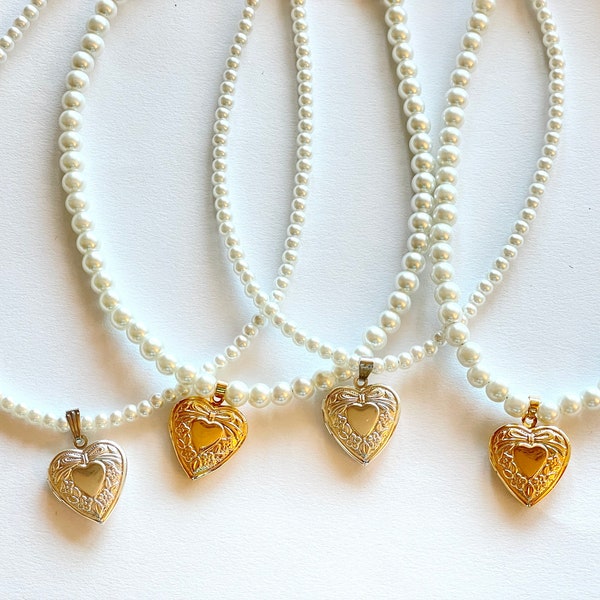 Gold/silver heart locket pearl necklaces, custom faux pearl necklace, heart locket choker, gift for her, matching couple/friend necklaces