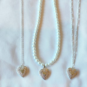 Silver heart locket necklaces, silver pearl locket pendant, silver chain locket picture necklace, sterling silver plated, retro y2k jewelry