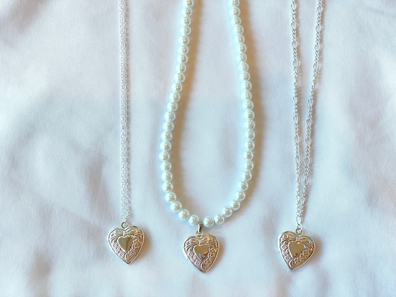 Silver heart locket necklaces, silver pearl locket pendant, silver chain locket picture necklace, sterling silver plated, retro y2k jewelry