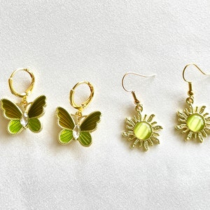 gold/green earrings, 18k gold plated huggie earrings, green indie earrings, green sun earrings, green butterfly earrings, tarnish resistant