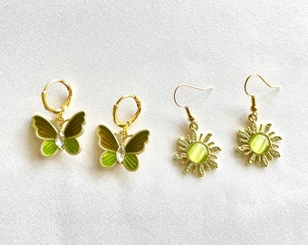 gold/green earrings, 18k gold plated huggie earrings, green indie earrings, green sun earrings, green butterfly earrings, tarnish resistant