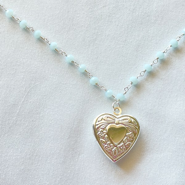 silver heart locket pendant, light blue rosary chain necklace, silver bead chain, sterling silver plated, aesthetic necklace, y2k necklace