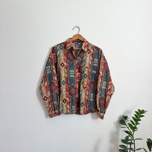 M/L- vintage sudden impact Aztec print button up western wear blouse Rockies style unique 80s top