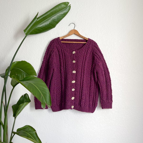 L/XL- vintage 100% wool magenta purple cable knit handmade knit cardigan sweater 90s oversized cozy winter wear layering knit
