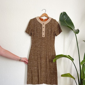 XS/S- vintage 1960s tweed handmade classic sheath dress dressy brown autumn acorn