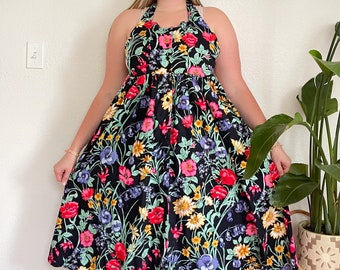 S- vintage TOGETHER black floral halter top full skirt party dress summer cottagecore dainty florals all over print dress