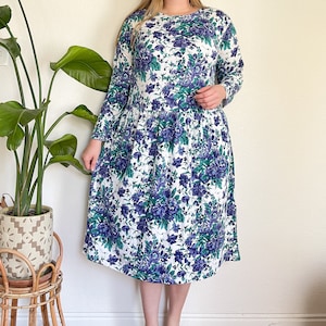 L vintage FADS 80s/90s green & purple floral all over print comfy dress longsleeve modest midi maxi dress image 1