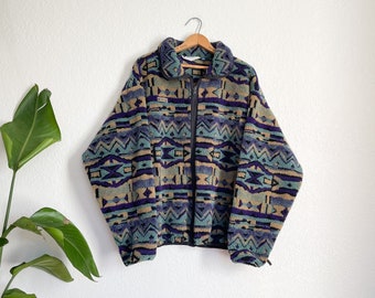 L/XL- vintage Columbia sportswear 90s RARE Aztec southwest zip up fleece jacket/coat classic granola skiing outdoor gear