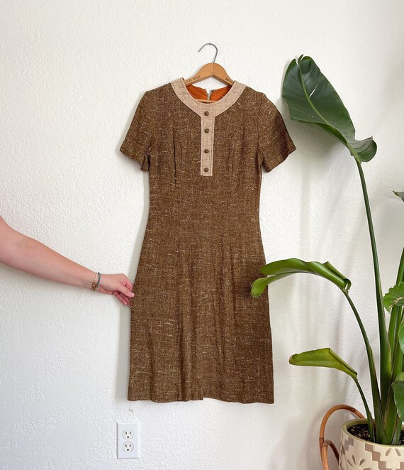 XS/S- vintage 1960s tweed handmade classic sheath dress dressy brown autumn acorn