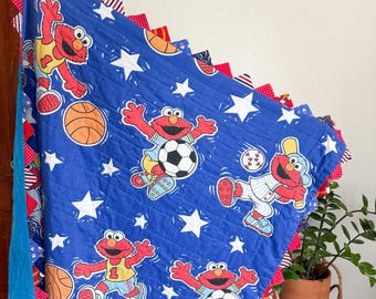 vintage Sesame Street Elmo sports print handmade quilt 90s baby classic kids nostalgic cartoon blanket