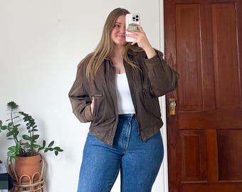 XL- vintage 90s MIRAGE chocolate brown leather bomber jacket lined warm zip up coat