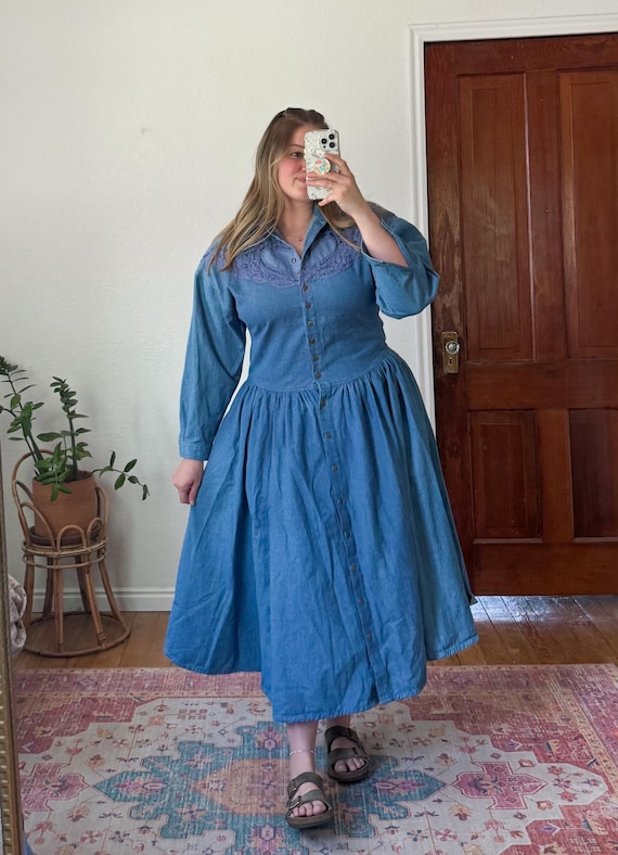 L- Vintage 80s/90s Denim Lace Overlay Western Style Button Down Dress  Longsleeve Unique TOGETHER Brand Western Wear - Etsy