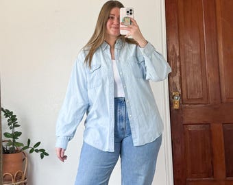 Chemise boutonnée en denim GAP délavée légère XL-vintage des années 90, haut unisexe surdimensionné à superposition de couches