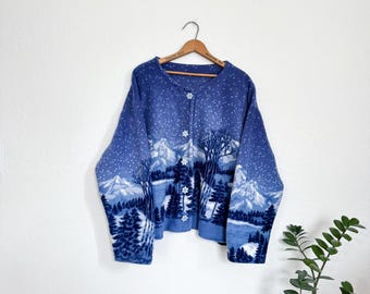 2X- Vintage winter mountains fleece all over print granola girl button up jacket essential outdoors cabin hiking adventure fleece