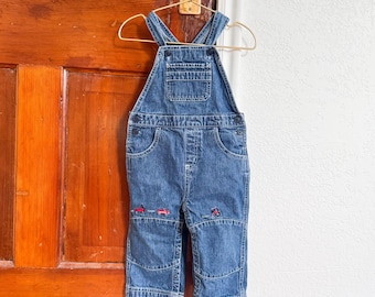 18/24 months- vintage toddler Gymboree wagon, bike, car embroidered double knee denim overalls