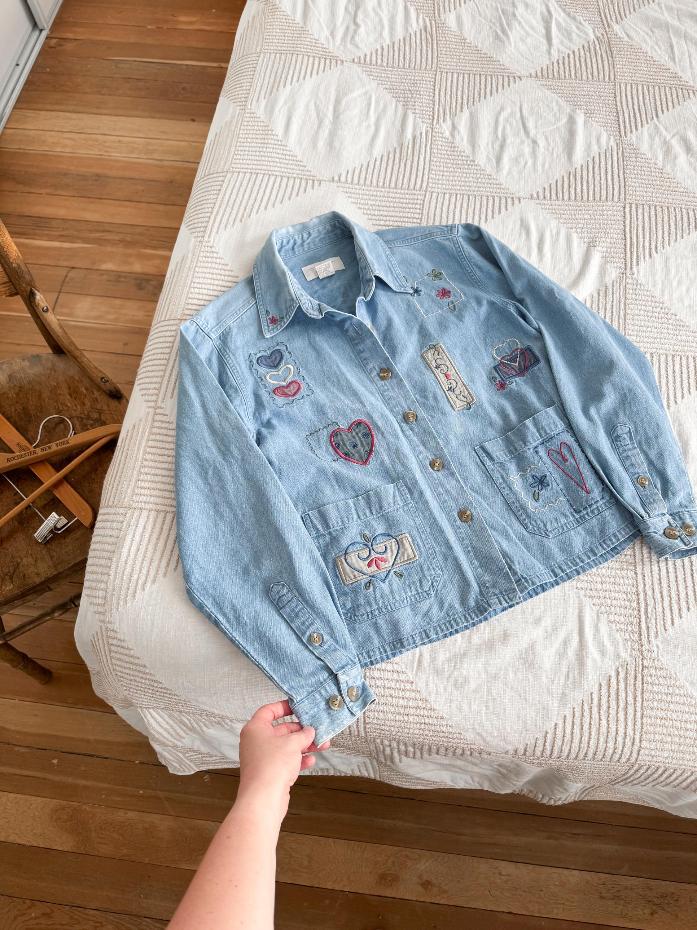 S- vintage denim patchwork embroidered button up cropped shirt blouse 90s kitschy cottagecore