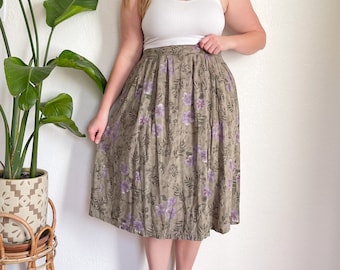 XL- vintage sage green and purple floral all over print midi skirt sag harbor cute cottagecore modest skirt