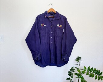 XL- vintage 90s Disney Mickey and Minnie Mouse embroidered corduroy button down shirt classic character nostalgic top