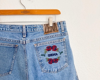 33”- vintage zena rose embroidered 90s high rise double button jeans unique floral denim