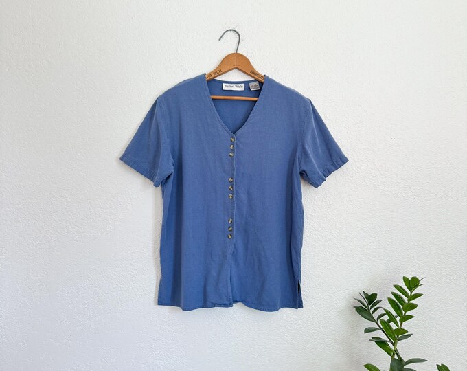 Vintage 90s Blue Short Sleeved Button Up Blouse Shirt Top Silk/Satin Feel M 1214