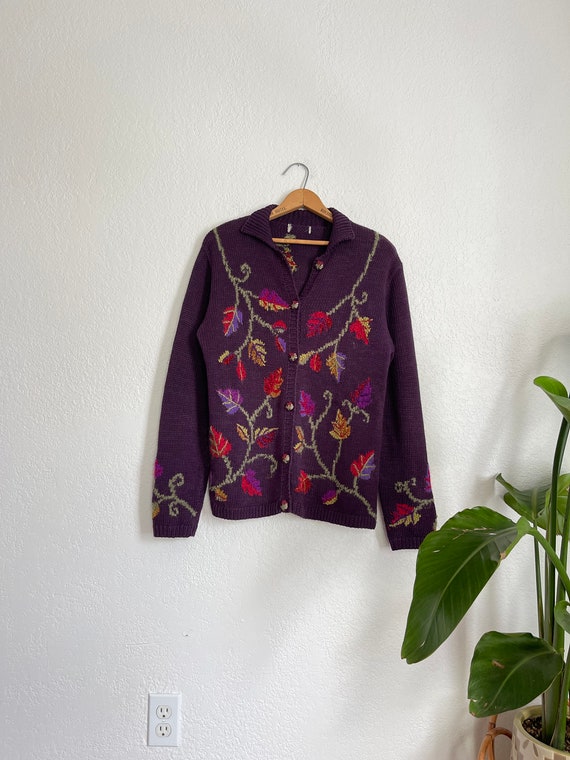 M/L- vintage fall leaves embroidered knit cardiga… - image 4