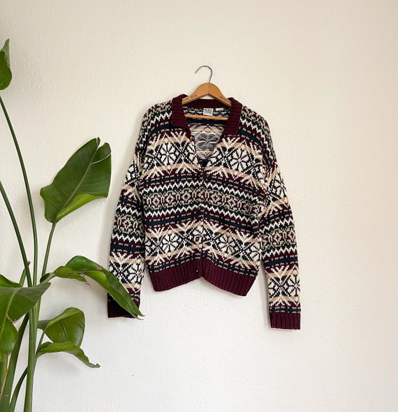L- Vintage Paris Sports Club Patterned 90s Winter Ski Cardigan 
