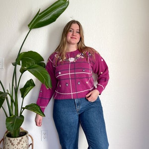 L/XL- vintage floral embroidered 90s separate issue crewneck knit sweater cute cottagecore gingham sweater