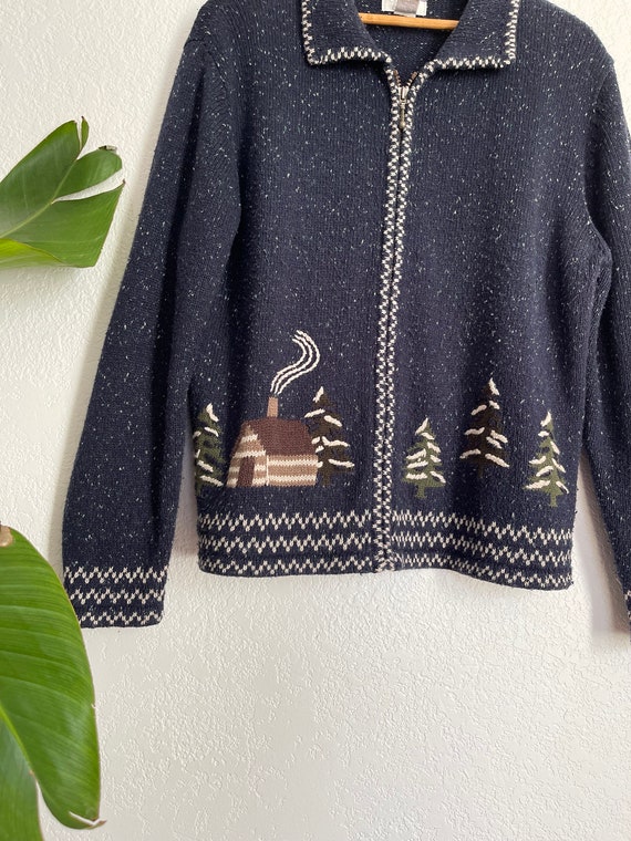 L- vintage winter forest cabin embroidered cardig… - image 6