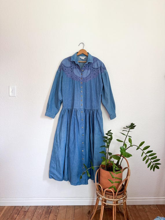 L- Vintage 80s/90s Denim Lace Overlay Western Style Button Down Dress  Longsleeve Unique TOGETHER Brand Western Wear