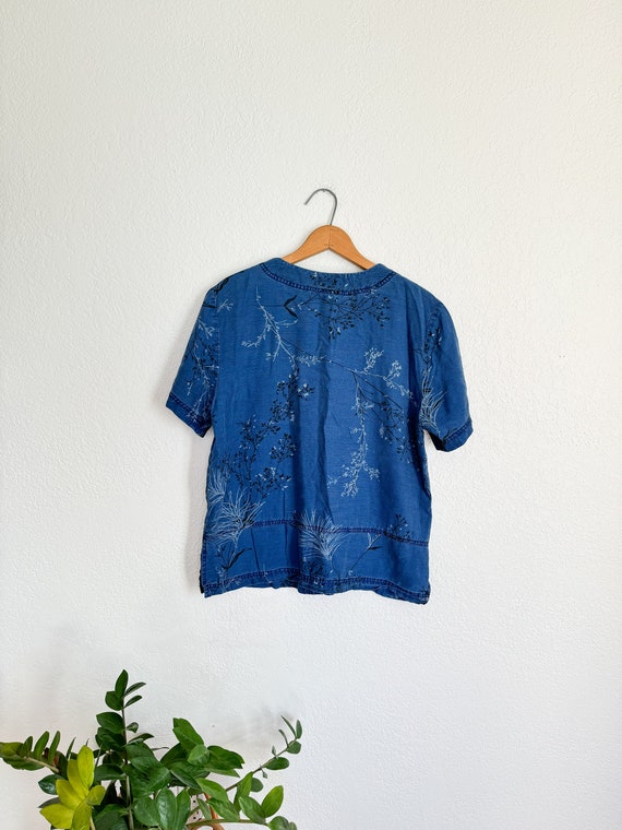 M/L- vintage blue botanical floral print button d… - image 4