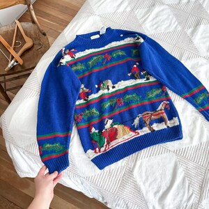 L- vintage Talbots winter scene snowball fight carriage ride holiday knit pullover sweater unique funky unisex sweater
